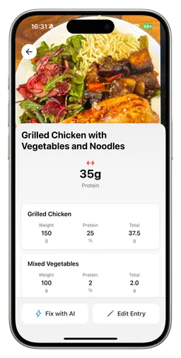 Protein AI meal detail screen breaking down protein by ingredient
